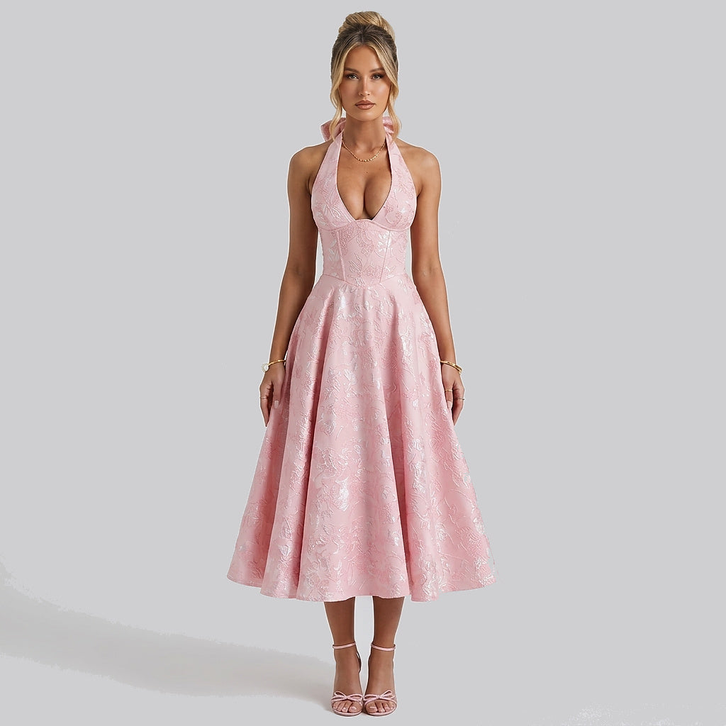 Damernas halterneckklänning med korsettliv och utställd midikjol och rosett-Midi Dress-Fjallbarn