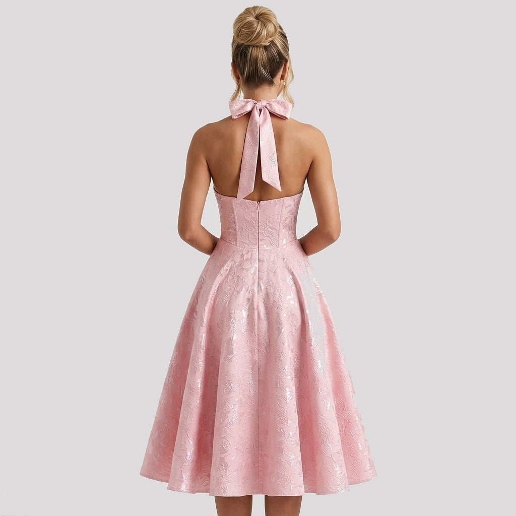 Damernas halterneckklänning med korsettliv och utställd midikjol och rosett-Midi Dress-Fjallbarn
