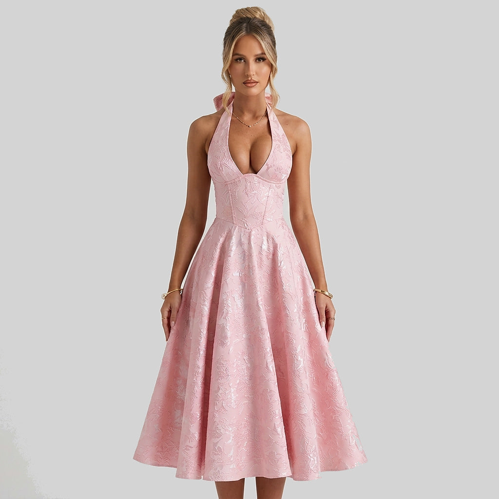 Damernas halterneckklänning med korsettliv och utställd midikjol och rosett-Midi Dress-Fjallbarn