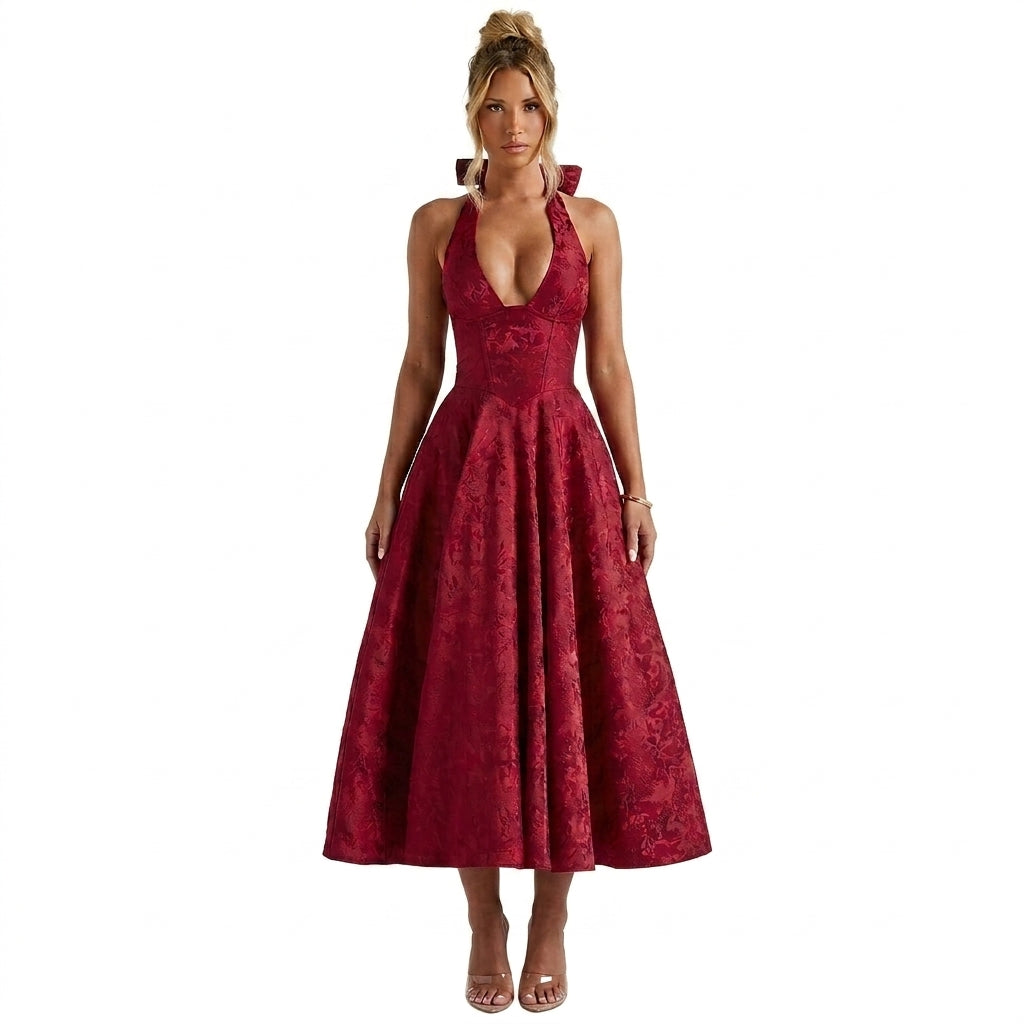 Damernas halterneckklänning med korsettliv och utställd midikjol och rosett-Midi Dress-Fjallbarn