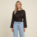 Damernas långärmad blus med båthals och knytband i midjan-Blouse for women-Fjallbarn