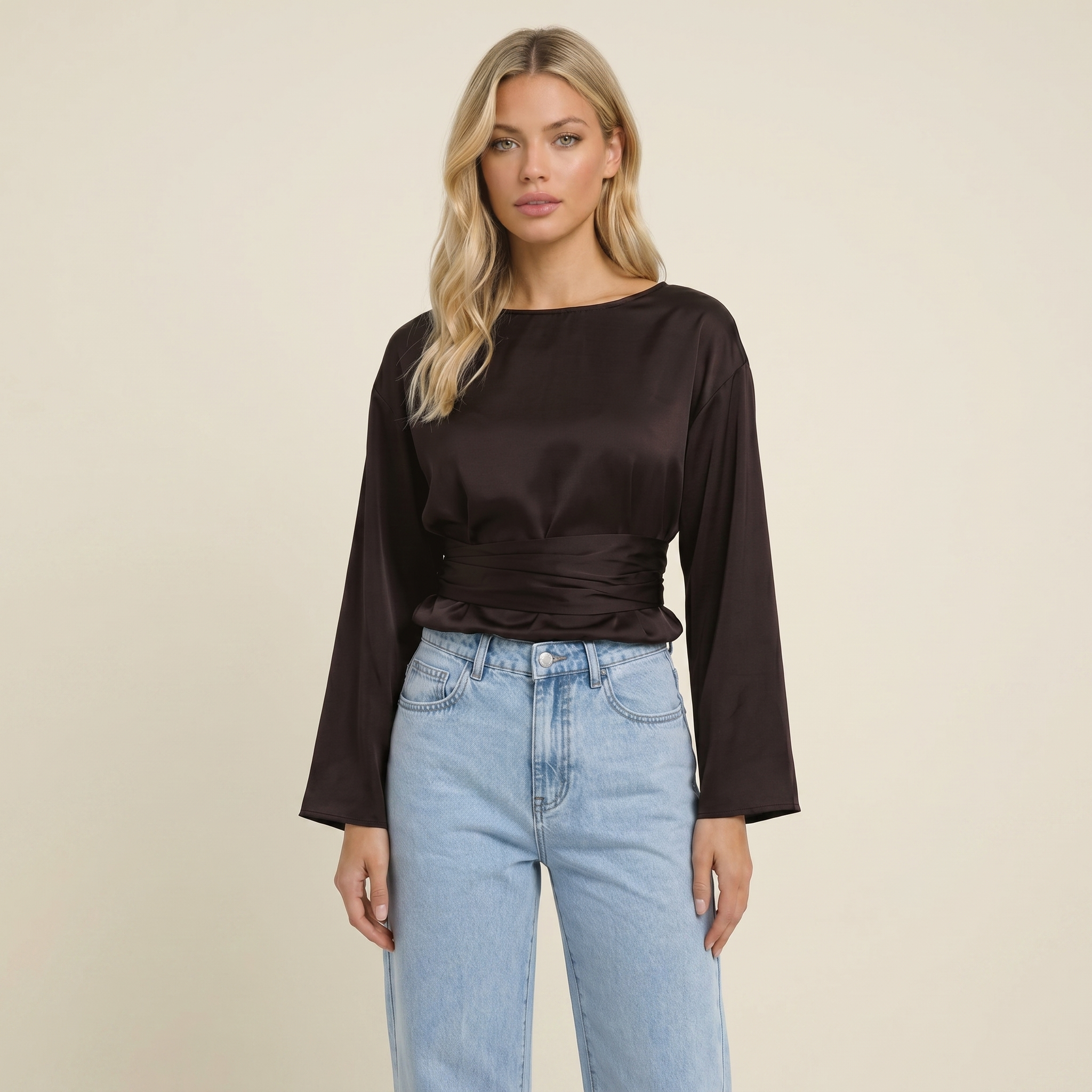 Damernas långärmad blus med båthals och knytband i midjan-Blouse for women-Fjallbarn