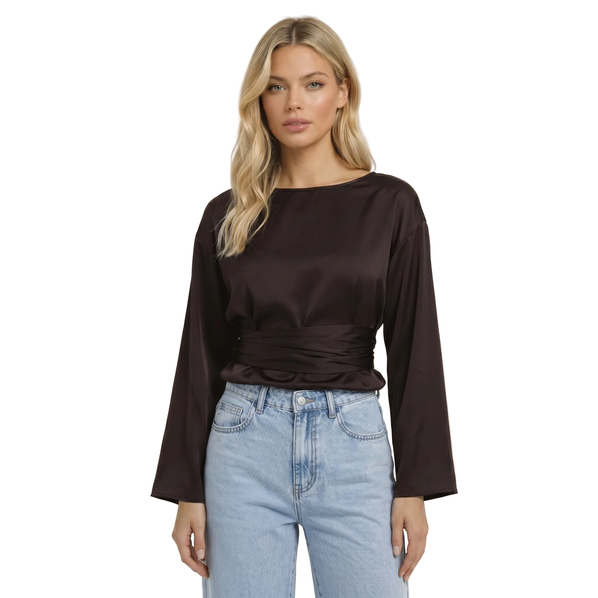 Damernas långärmad blus med båthals och knytband i midjan-Blouse for women-Fjallbarn