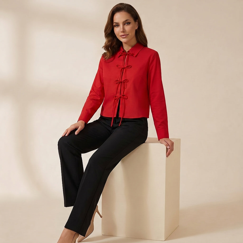 Damernas långärmade blus med krage och knytband-Blouse for women-Fjallbarn