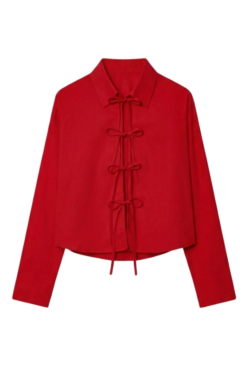 Damernas långärmade blus med krage och knytband-Blouse for women-Fjallbarn