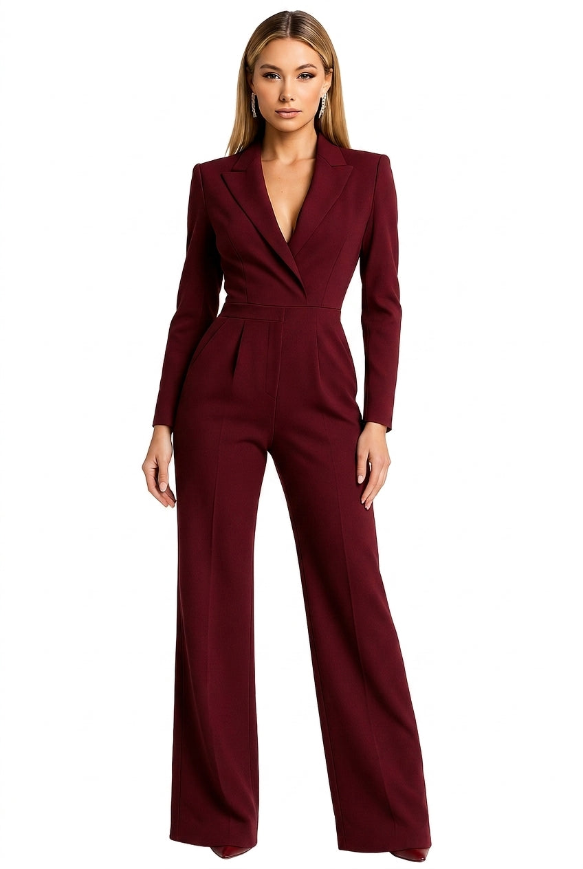Damernas långärmade jumpsuit med kavajkrage och vida ben-Jumpsuits for women-Fjallbarn