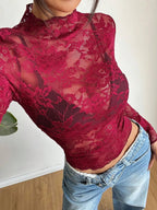 Damernas långärmade spetstopp med hög krage och blommönster-Tops for women-Fjallbarn