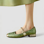 Damernas Mary Jane-skor med mönstrat tyg, tvinnad rem och stenprydd klack-Footwear for women-Fjallbarn