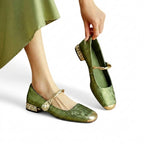 Damernas Mary Jane-skor med mönstrat tyg, tvinnad rem och stenprydd klack-Footwear for women-Fjallbarn