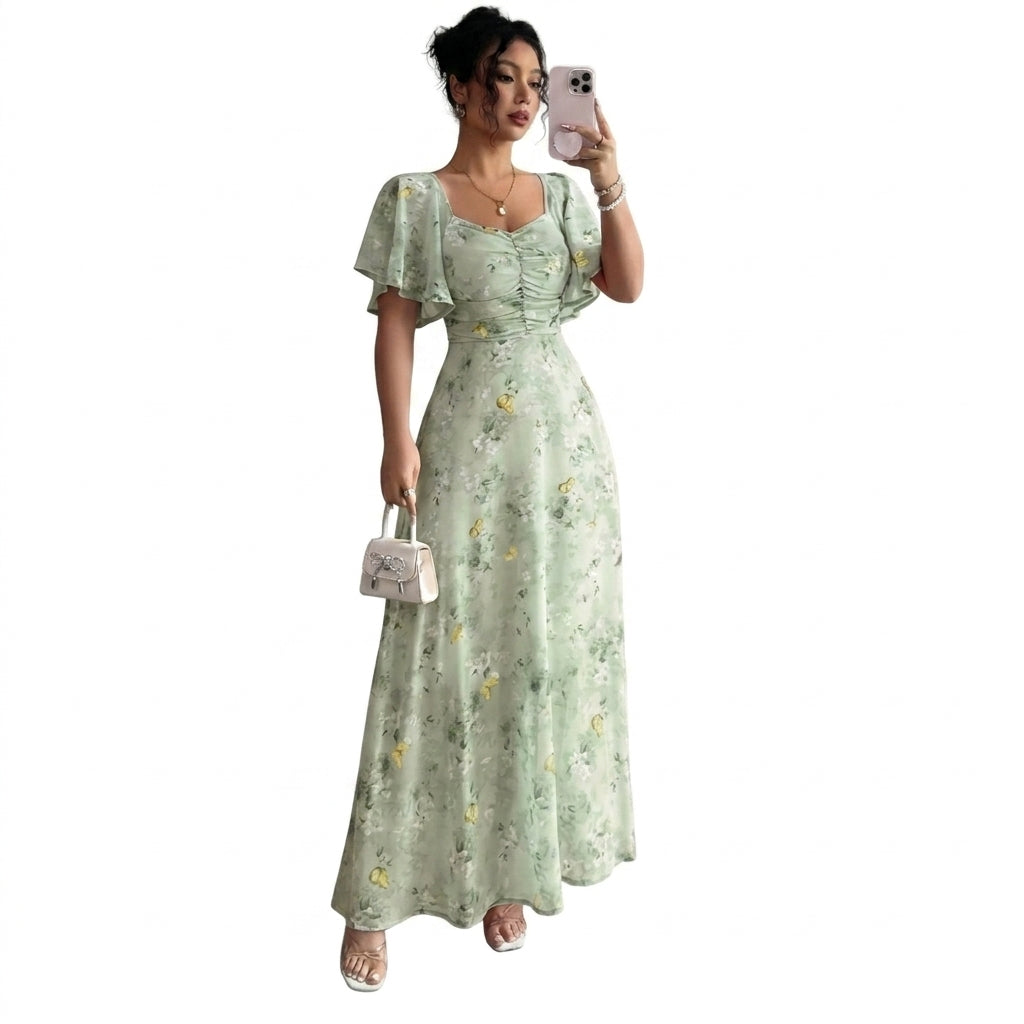 Damernas maxiklänning med blom- och fjärilsmönster, utställda ärmar och rynkad framsida-Maxi Dress-Fjallbarn