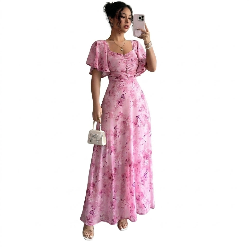 Damernas maxiklänning med blom- och fjärilsmönster, utställda ärmar och rynkad framsida-Maxi Dress-Fjallbarn
