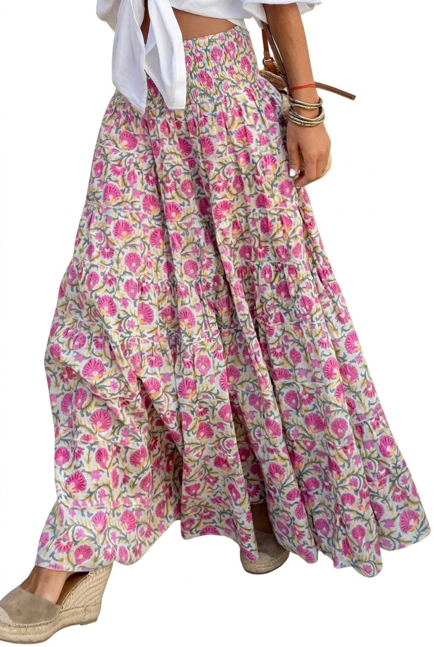 Damernas mönstrad maxikjol med rynkad elastisk midja-Skirt for women-Fjallbarn
