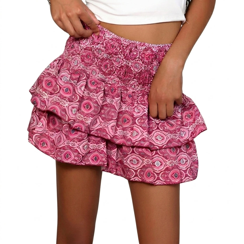 Damernas mönstrad minirok med elastisk midja och lager-Skirt for women-Fjallbarn