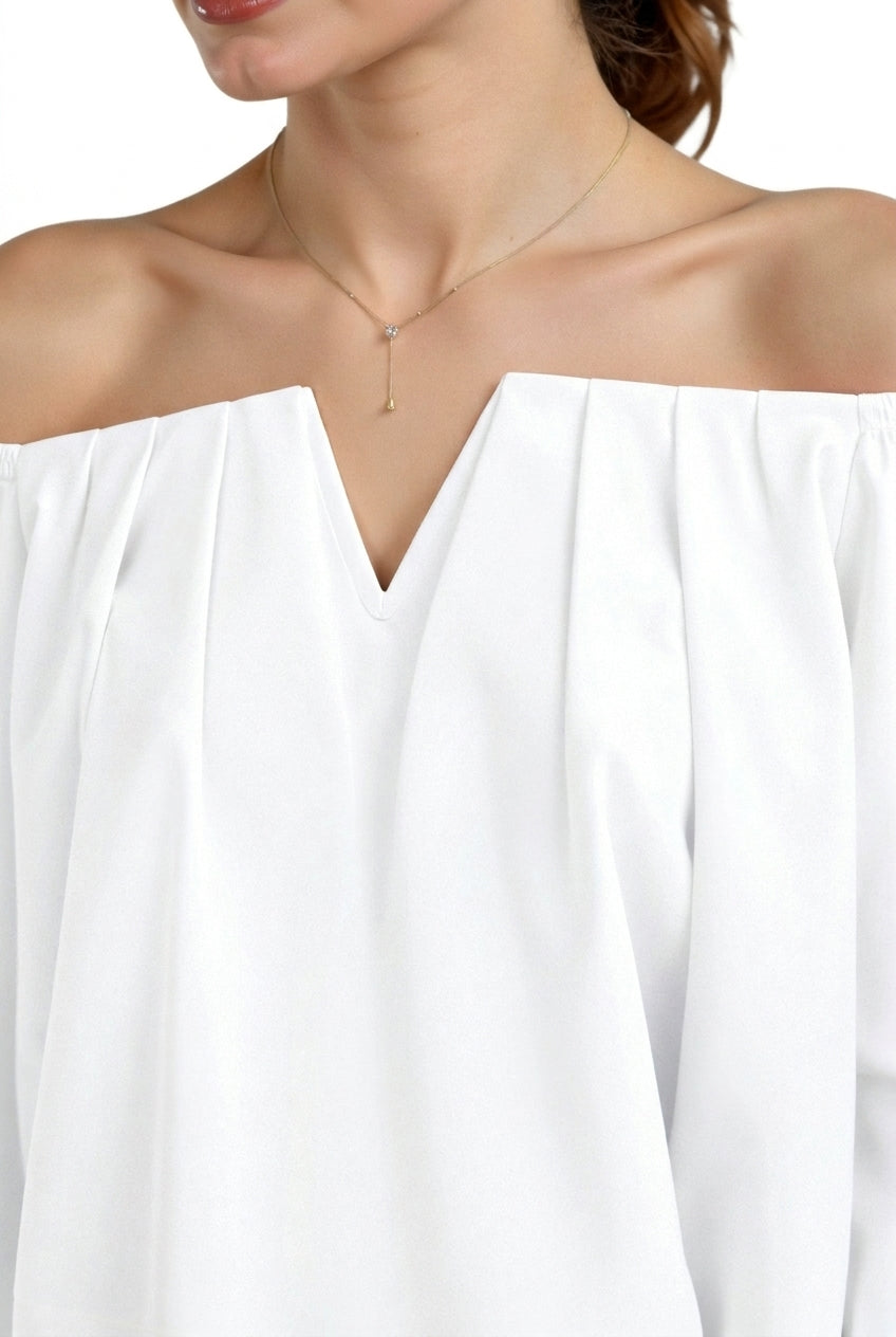 Damernas off-the-shoulder-topp med V-ringning och rynkad midja-Tops for women-Fjallbarn