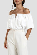 Damernas off-the-shoulder-topp med V-ringning och rynkad midja-Tops for women-Fjallbarn