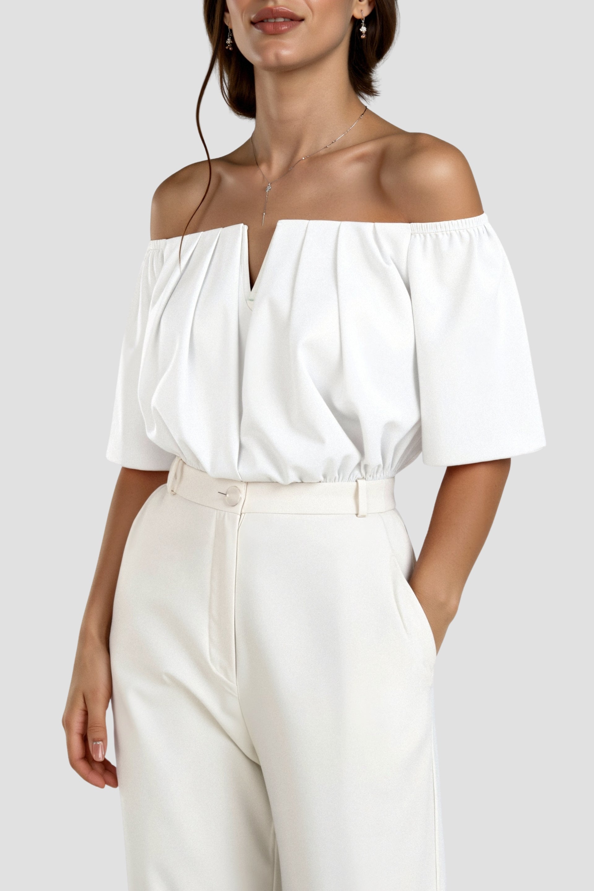 Damernas off-the-shoulder-topp med V-ringning och rynkad midja-Tops for women-Fjallbarn
