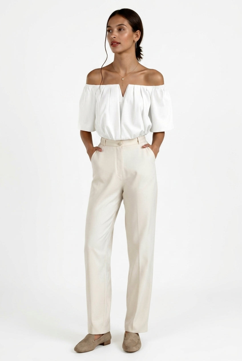 Damernas off-the-shoulder-topp med V-ringning och rynkad midja-Tops for women-Fjallbarn
