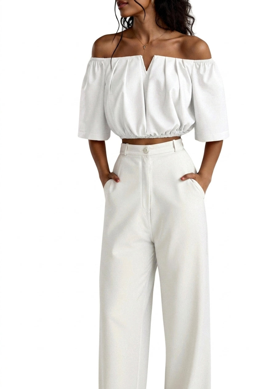 Damernas off-the-shoulder-topp med V-ringning och rynkad midja-Tops for women-Fjallbarn