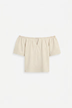 Damernas off-the-shoulder-topp med V-ringning och rynkad midja-Tops for women-Fjallbarn