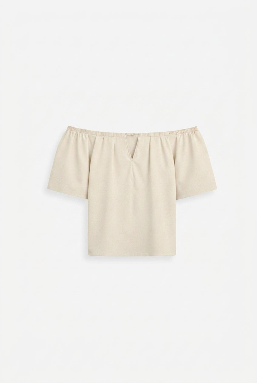 Damernas off-the-shoulder-topp med V-ringning och rynkad midja-Tops for women-Fjallbarn