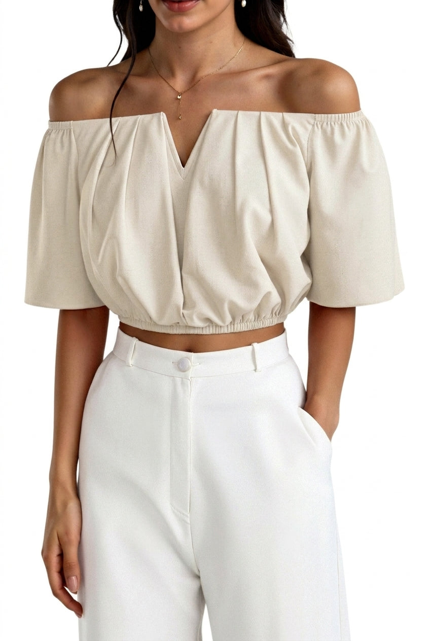 Damernas off-the-shoulder-topp med V-ringning och rynkad midja-Tops for women-Fjallbarn