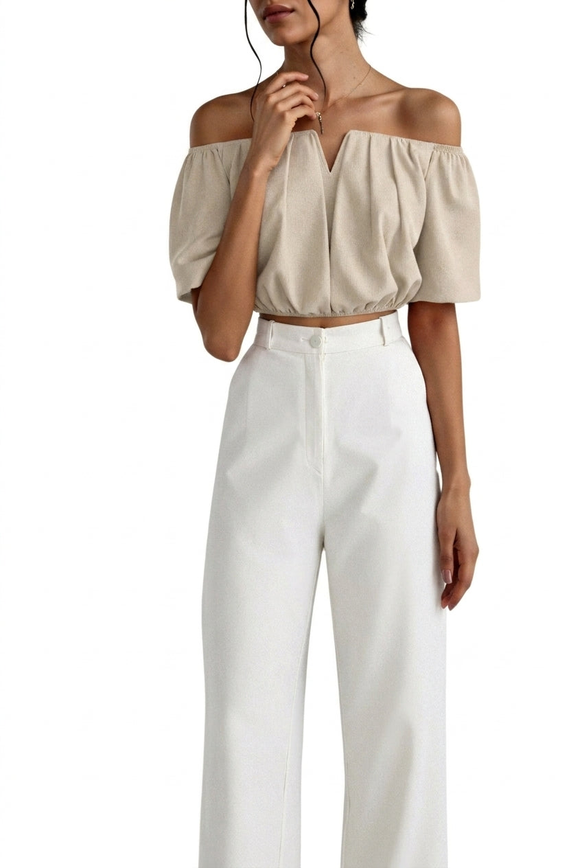Damernas off-the-shoulder-topp med V-ringning och rynkad midja-Tops for women-Fjallbarn