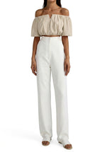 Damernas off-the-shoulder-topp med V-ringning och rynkad midja-Tops for women-Fjallbarn