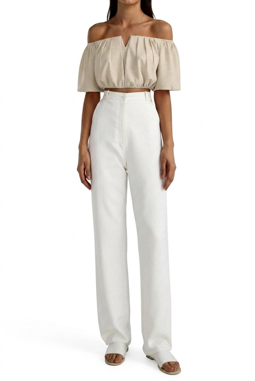 Damernas off-the-shoulder-topp med V-ringning och rynkad midja-Tops for women-Fjallbarn