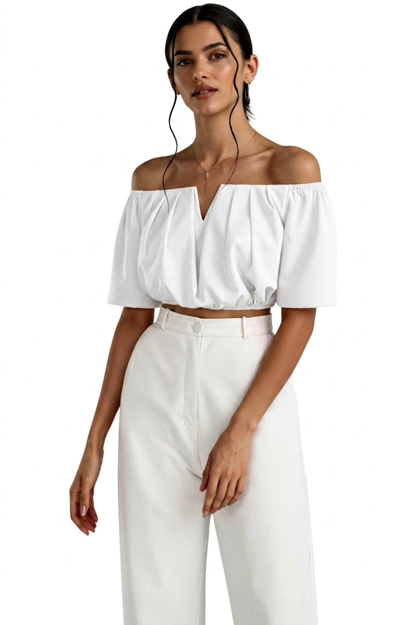 Damernas off-the-shoulder-topp med V-ringning och rynkad midja-Tops for women-Fjallbarn