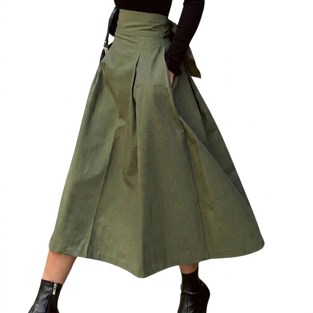 Damernas plisserade midikjol med hög midja och knytband-Skirt for women-Fjallbarn