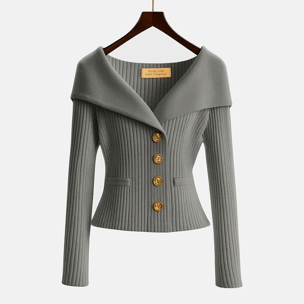 Damernas ribbstickade kofta med bred krage och dekorativa knappar-sweater for woman-Fjallbarn