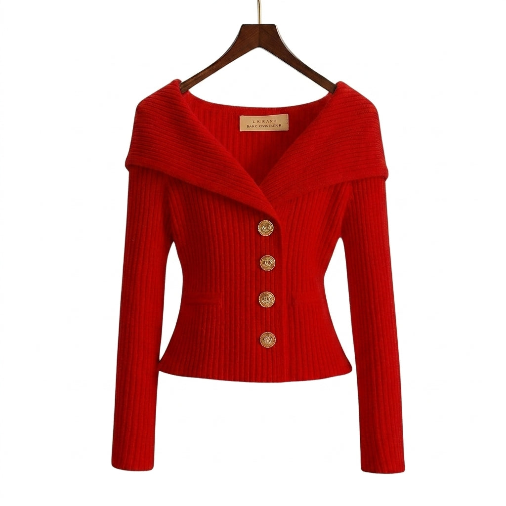 Damernas ribbstickade kofta med bred krage och dekorativa knappar-sweater for woman-Fjallbarn