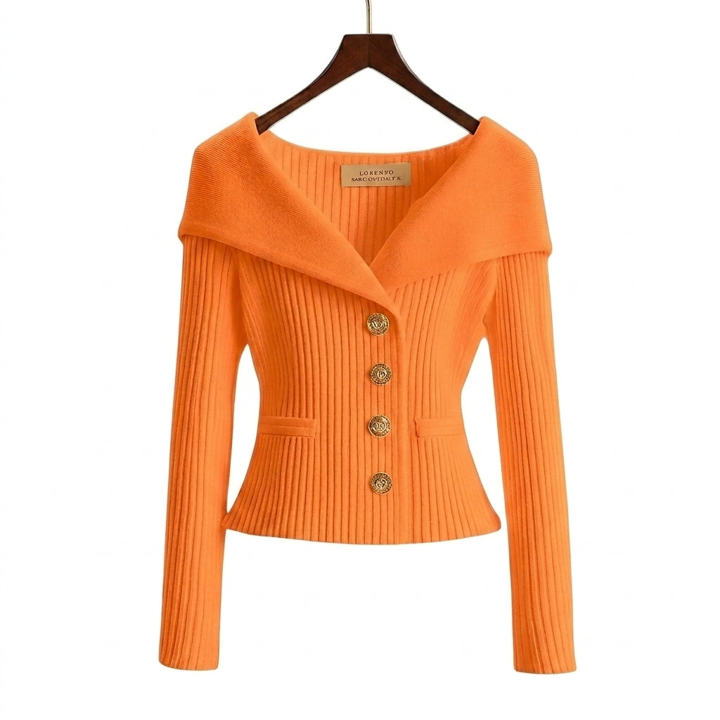 Damernas ribbstickade kofta med bred krage och dekorativa knappar-sweater for woman-Fjallbarn