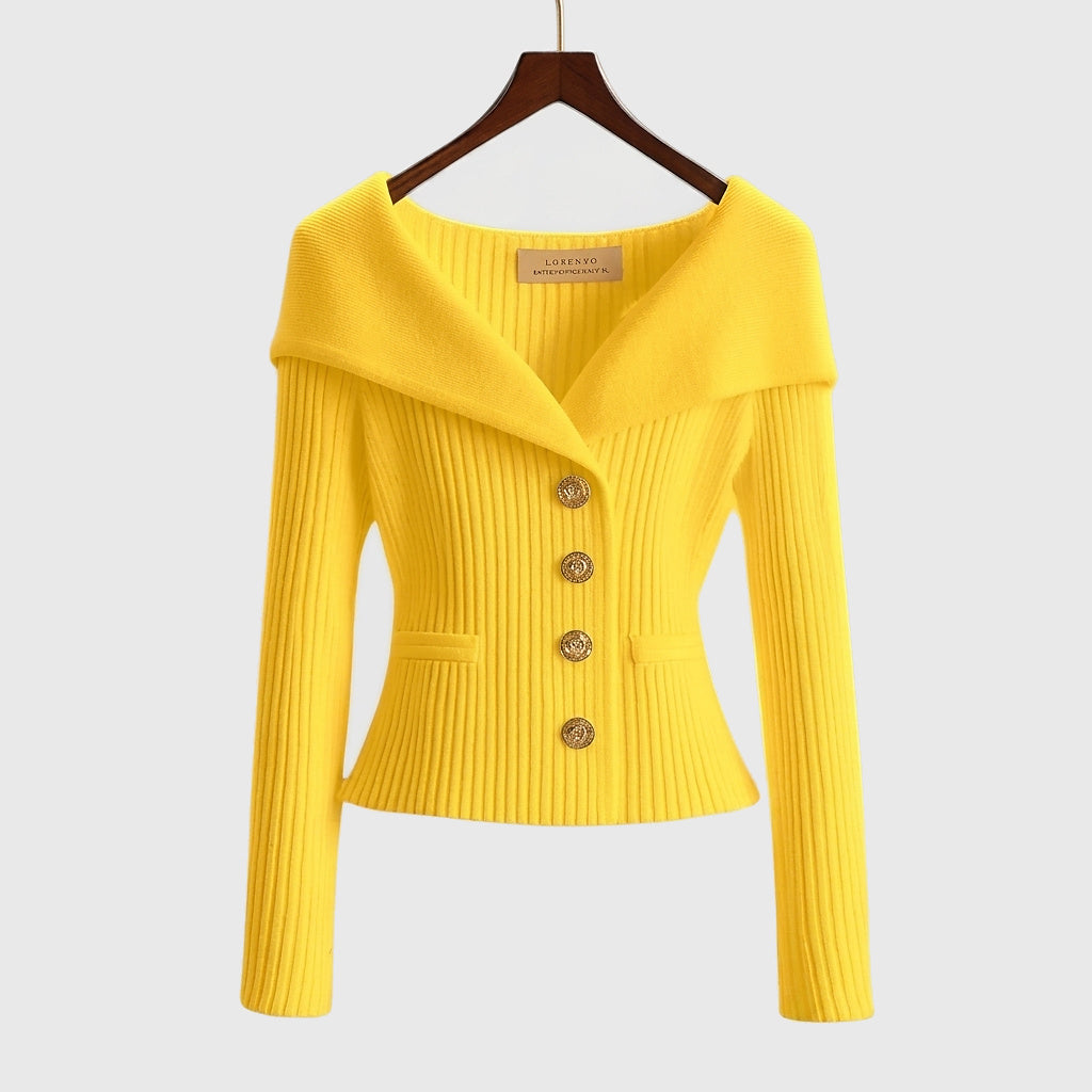 Damernas ribbstickade kofta med bred krage och dekorativa knappar-sweater for woman-Fjallbarn