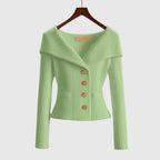 Damernas ribbstickade kofta med bred krage och dekorativa knappar-sweater for woman-Fjallbarn