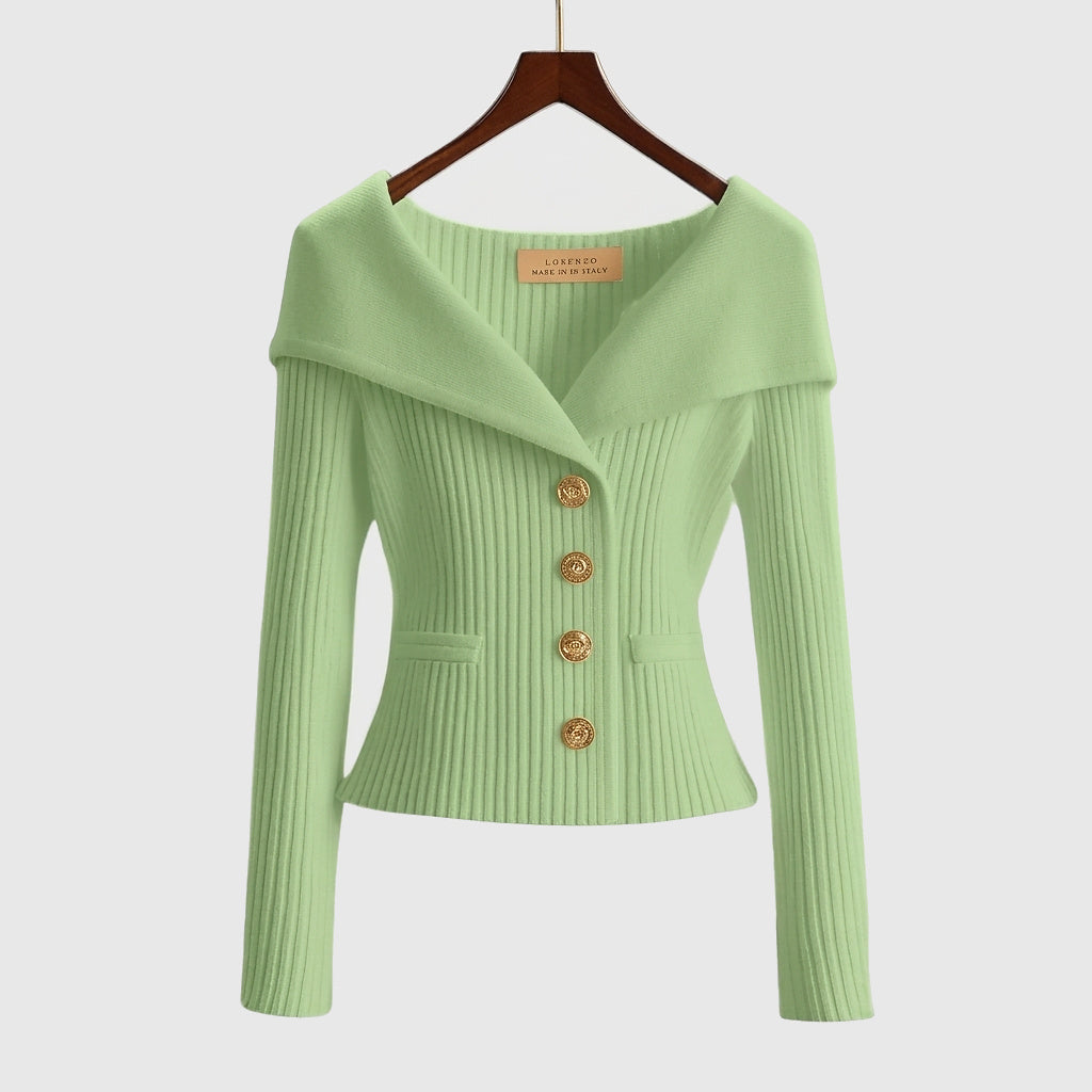 Damernas ribbstickade kofta med bred krage och dekorativa knappar-sweater for woman-Fjallbarn