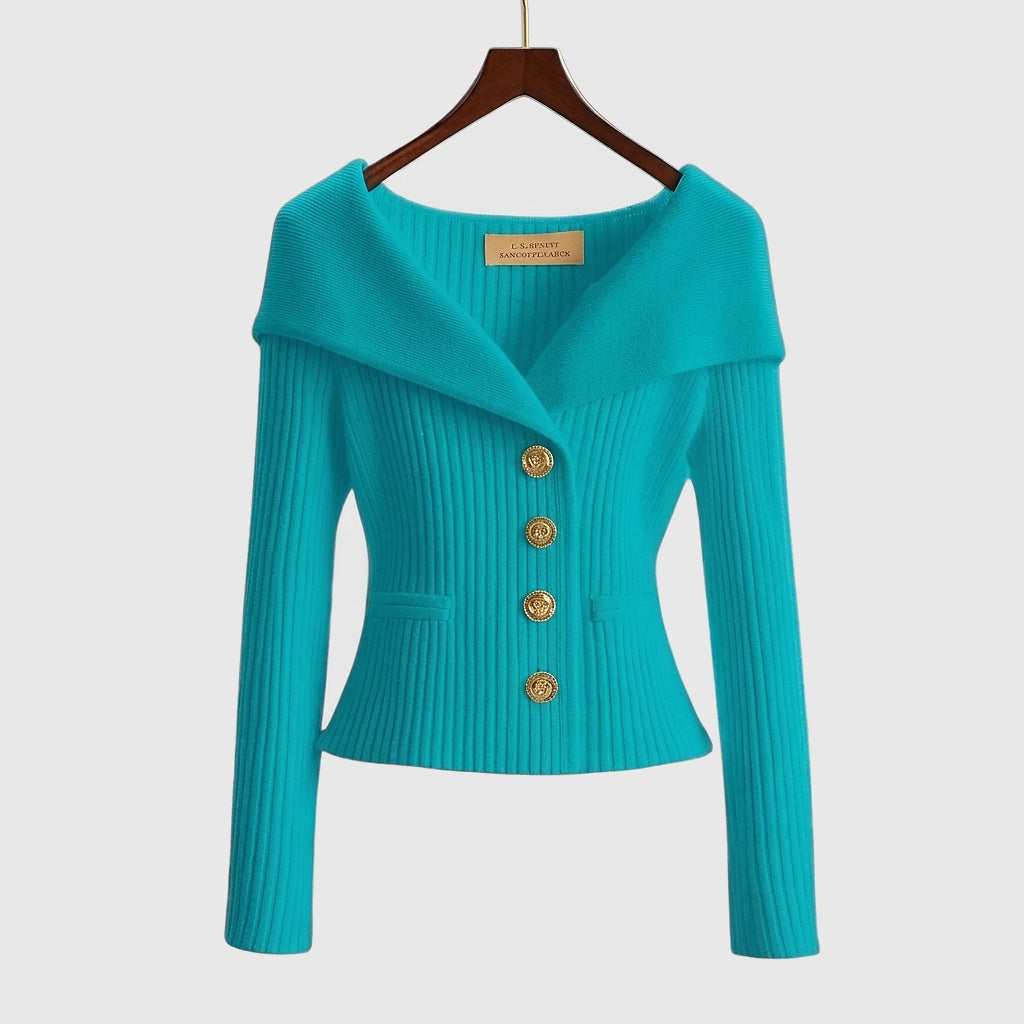 Damernas ribbstickade kofta med bred krage och dekorativa knappar-sweater for woman-Fjallbarn