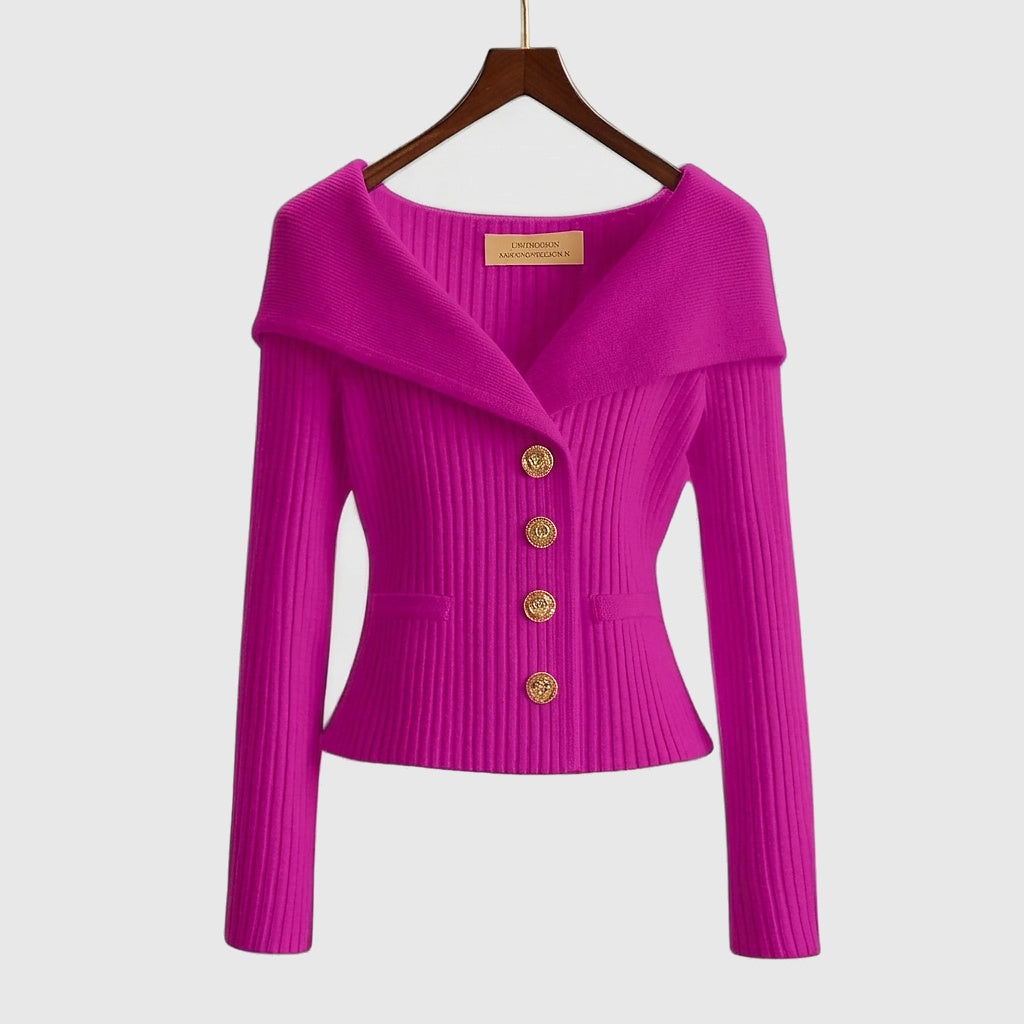 Damernas ribbstickade kofta med bred krage och dekorativa knappar-sweater for woman-Fjallbarn