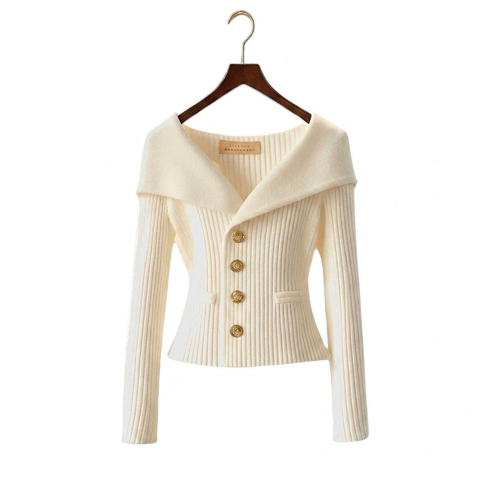 Damernas ribbstickade kofta med bred krage och dekorativa knappar-sweater for woman-Fjallbarn