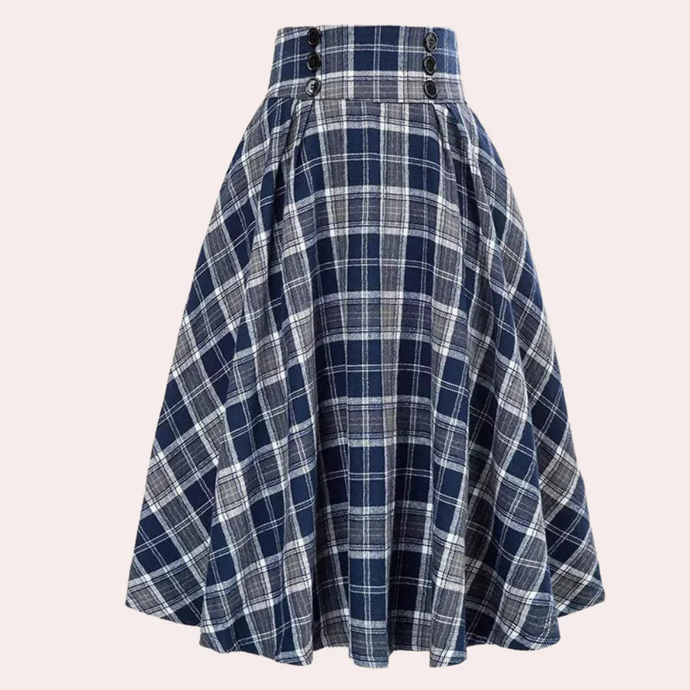Damernas rutmönstrad midikjol med hög midja och knappar-Skirt for women-Fjallbarn