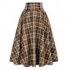 Damernas rutmönstrad midikjol med hög midja och knappar-Skirt for women-Fjallbarn
