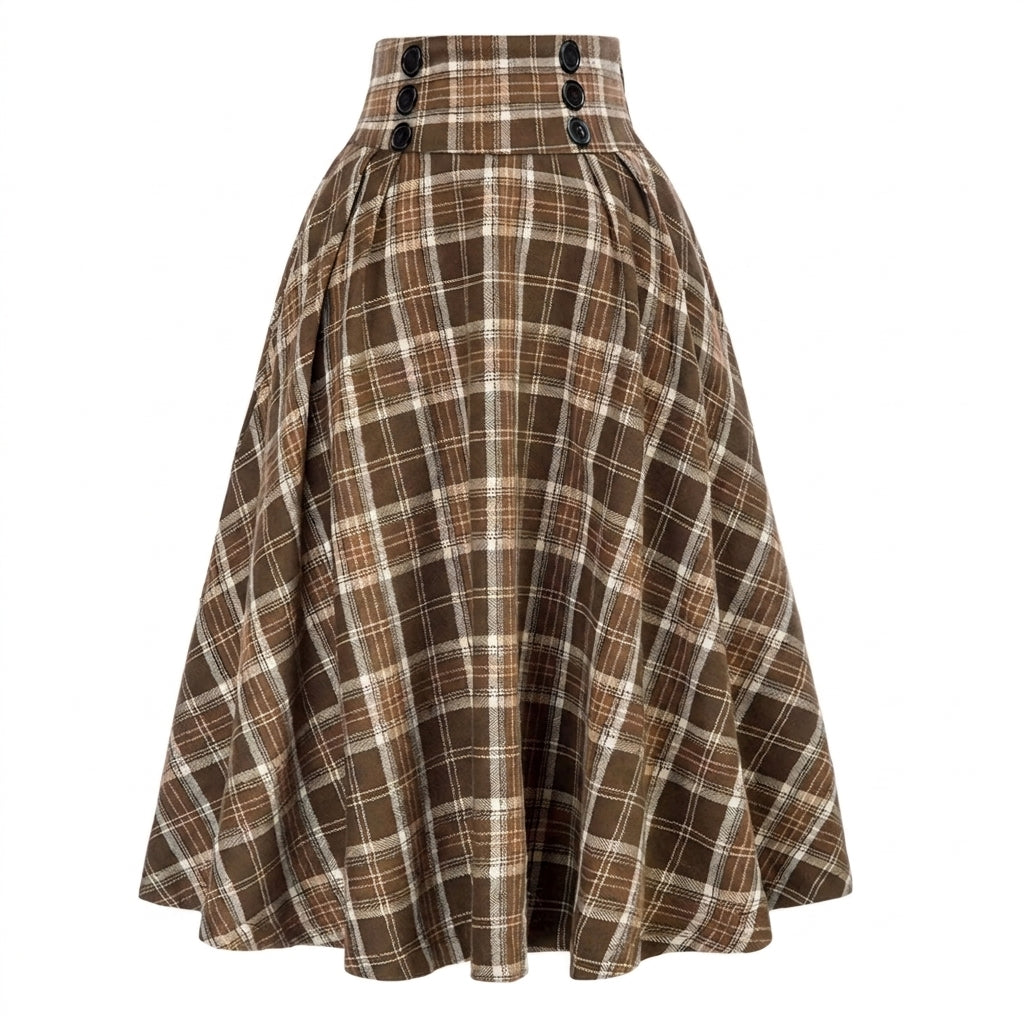 Damernas rutmönstrad midikjol med hög midja och knappar-Skirt for women-Fjallbarn