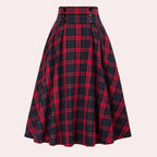 Damernas rutmönstrad midikjol med hög midja och knappar-Skirt for women-Fjallbarn