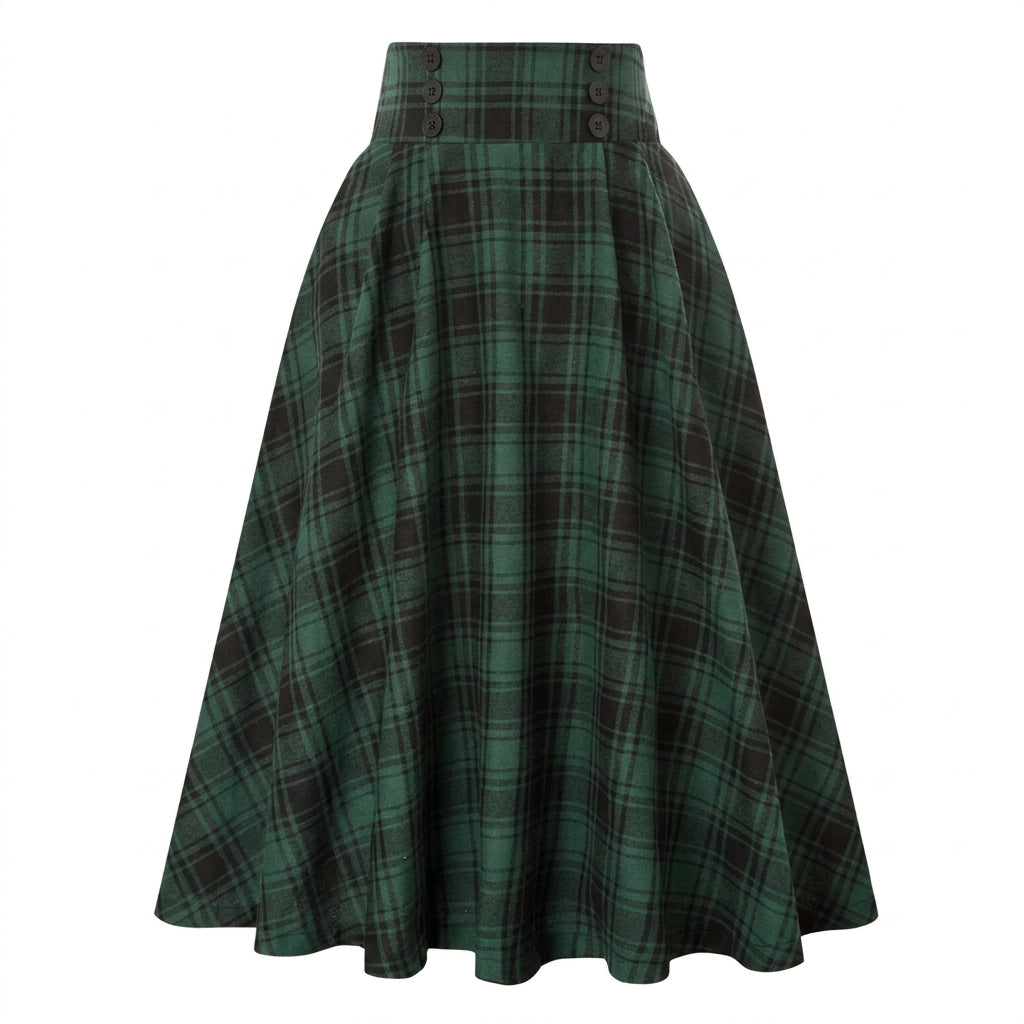 Damernas rutmönstrad midikjol med hög midja och knappar-Skirt for women-Fjallbarn