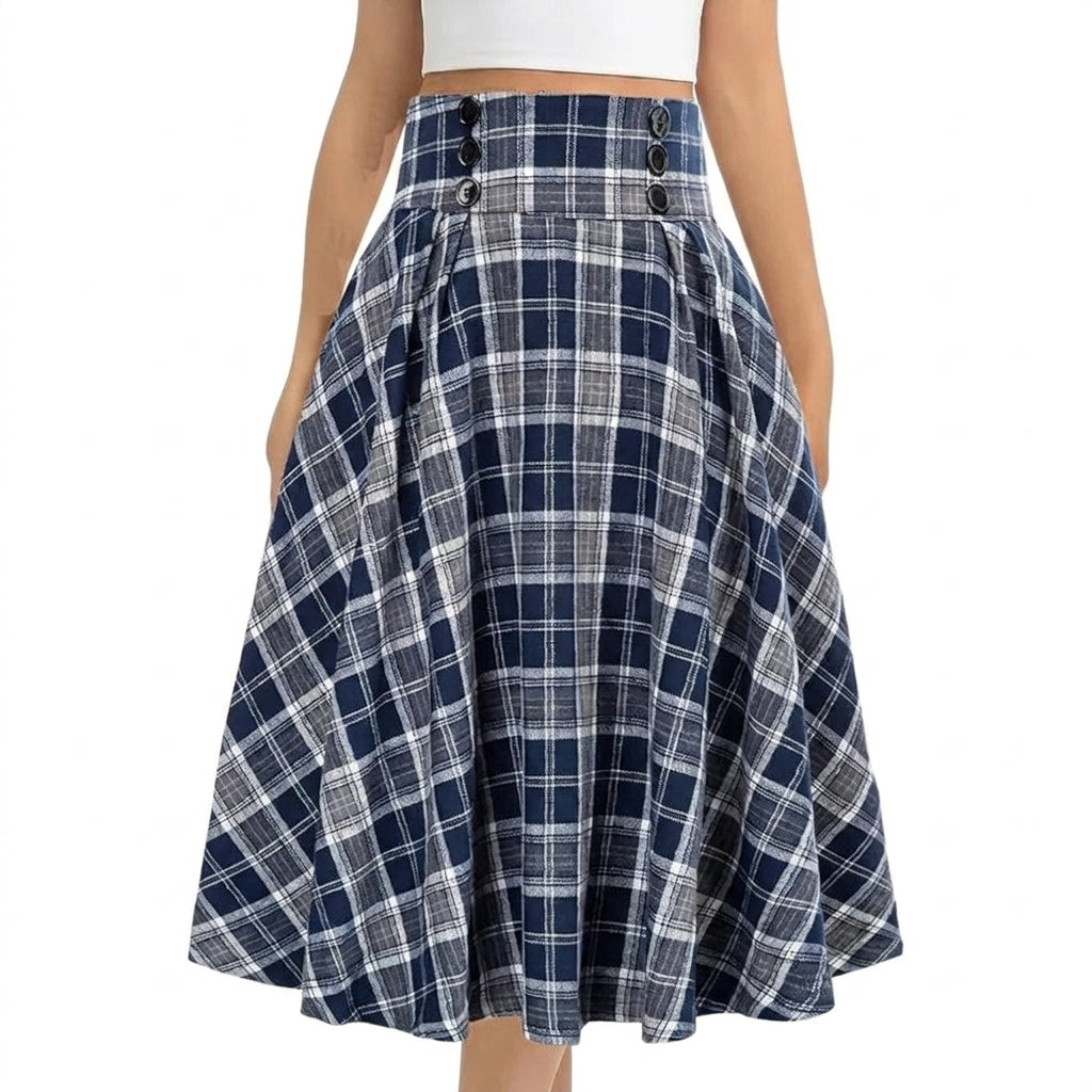 Damernas rutmönstrad midikjol med hög midja och knappar-Skirt for women-Fjallbarn