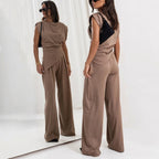 Damernas set med ärmlös draperad topp och vida veckade byxor-Sets for women-Fjallbarn