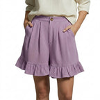 Damernas shorts med hög midja och veckad framsida samt volangkant och sidofickor-Shorts for women-Fjallbarn