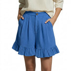 Damernas shorts med hög midja och veckad framsida samt volangkant och sidofickor-Shorts for women-Fjallbarn