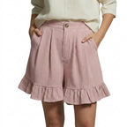 Damernas shorts med hög midja och veckad framsida samt volangkant och sidofickor-Shorts for women-Fjallbarn