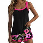 Damernas tankini med ribbad topp och mönstrade shorts-Sets for women-Fjallbarn
